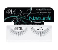 Front view of an Ardell Natural 125 faux lashes set in complete wall-hook ready retail packaging with printed text