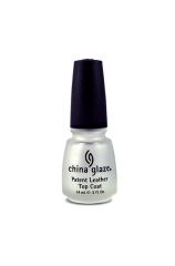 Front view of a China Glaze Patent Leather Top Coat in a glossy bottle and with black cover lid