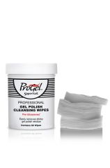 Front view of a capped SuperNail ProGel Pre-Moistened Gel Polish Cleansing Wipes beside its sample tissue lay on the floor