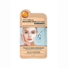 Front of Satin Smooth Brightening Serum Sheet Mask Vitamin C/Illuminating foil pack featuring a model & product information