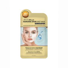 Front view of a yellow Satin Smooth Nourishing Serum Sheet Mask sterile foil packaging with product information 