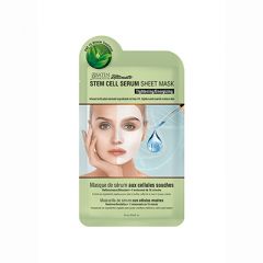 Front view of a green Satin Smooth Stem Cell Serum Sheet Mask sterile foil packaging with product information 