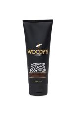 Front facing 8 fluid ounce squeeze tube of Woody's Activated Charcoal Body Wash featuring brand and product markings 