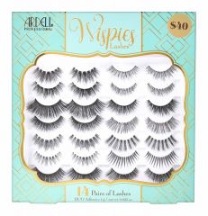 Front view of Ardell Wispies Box with 14 pairs of different kinds of Faux Lashes inside its sealed packaging