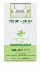 Front view of clean + easy Professional Roll-On Wax in Tea Tree packaging with label text