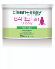 Close-up view of Barezilian full body hard wax  from Clean+Easy in a 14-ounce jar