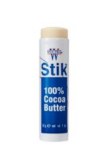 An uncovered 1-ounce tube of Woltra 100% Cocoa Butter Stik with an exposed tip