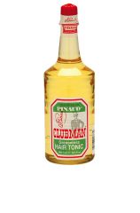 Front view of a 12.5 ounce bottle of Clubman Pinaud Hair Tonic with brand label & sealed red cap