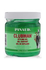 Front view of a 16 ounce tub of Clubman Pinaud Styling Gel showing green themed label with product name in 3 languages