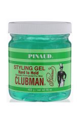 Front view of a capped 16-ounce jar of Clubman Pinaud Hard to Hold Styling Gel