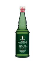 Front view of a clear green14.5 ounce bottle of Clubman Beard & Body Wash with the label featuring product name & logo 