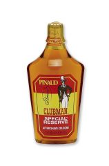 Front view of a 6 ounce bottle of Clubman Special Reserve After Shave Cologne showing its brandy colored liquid contents