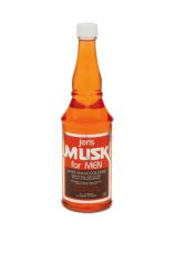 Front view of a bottle of Jeris Musk After Shave Lotion featuring its label with description, ingredients, & warnings