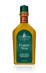 A clear labelled 6 ounce bottle filled with rich olive-colored Clubman Reserve Cognac Neat After Shave Lotion
