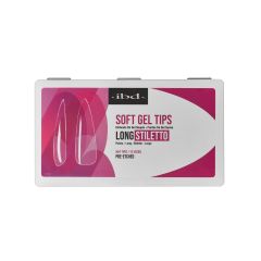 Front view of IBD Soft Gel Tip box in Long Stiletto shape

