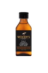 Capped 1.7-ounce mini bottle of Woody's 3-in-1 body wash with label text