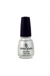 Frontview of 0.5-ounce capped bottle of  China Glaze No Chip Top Coat with silver-white color