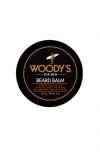 Closeup top view of Woody's beard balm for men tin container with printed text