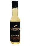 Capped bottle of Woody's Beard wash for men with the printed product label and details
