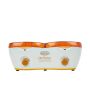 Full front view of the Gigi Double Wax Warmer showing its 2 receptacles covered with orange lids and two temperature knobs thumbnail